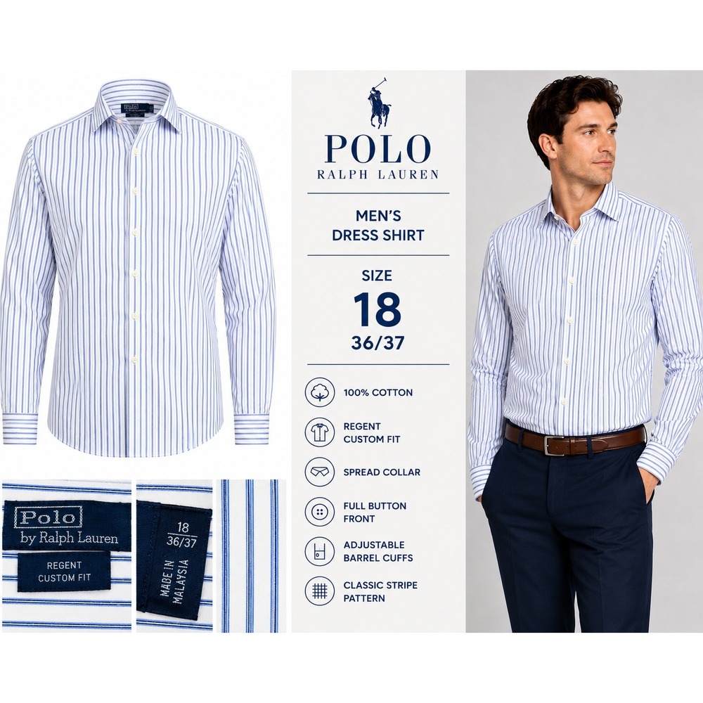 Polo Ralph Lauren Regent Custom Fit Dress Shirt Mens 18 36/37 Blue White Stripe